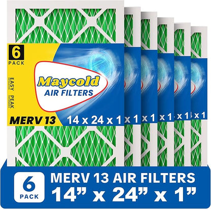 Maycold MERV 13 14x24x1 Air Filter (6-Pack), High-Efficiency Pleated AC & Furnace Filters, Actual Size: 13.70” x 23.70” x 0.75”, Individually Wrapped in Plastic