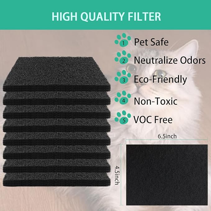 Lubise 8 Pcs 0.5in Charcoal Filters Compatible with Van Ness Cat Litter Box, 4.5 x 6.5Inch Replacement Activated Carbon Premium Odor Filters for Pureness F6 Zeloite Air Filter, Black