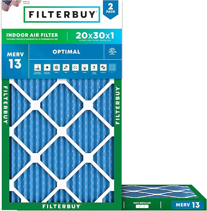 Filterbuy 20x30x1 Air Filter MERV 13 Optimal Smoke & Allergy Defense (2-Pack), Electrostatic Pleated HVAC AC Furnace Filters Replacement, Made in USA (Actual Size: 19.63 x 29.63 x 0.75)