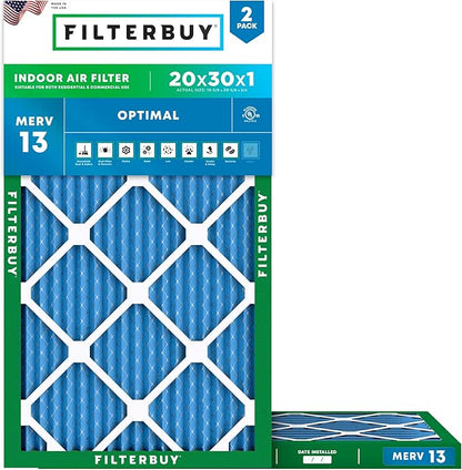 Filterbuy 20x30x1 Air Filter MERV 13 Optimal Smoke & Allergy Defense (2-Pack), Electrostatic Pleated HVAC AC Furnace Filters Replacement, Made in USA (Actual Size: 19.63 x 29.63 x 0.75)