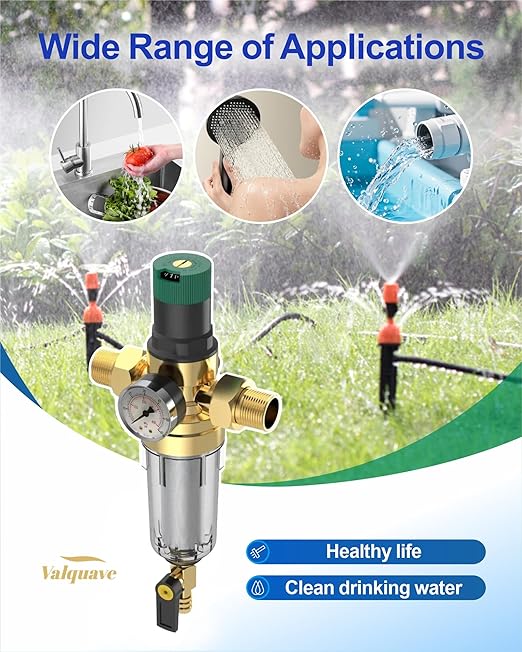 Spin Down Sediment Filter with Water Pressure Regulator, 2 in 1 Whole House Prefilter System with Gauge,50 Micron, 1.25" MNPT + 1" FNPT + 1" MNPT, Heavy Duty Brass