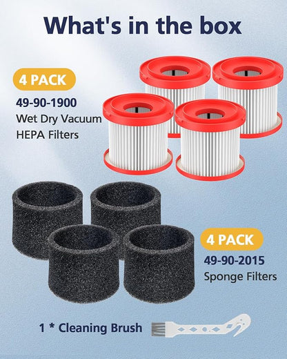 4 Pack 49-90-1900 Wet Dry Vacuum HEPA Filter Replacement Compatible with Milwaukee Cordless M18 Vacuum 0780-20 0880-20 with 4 Foam Sleeve Filters