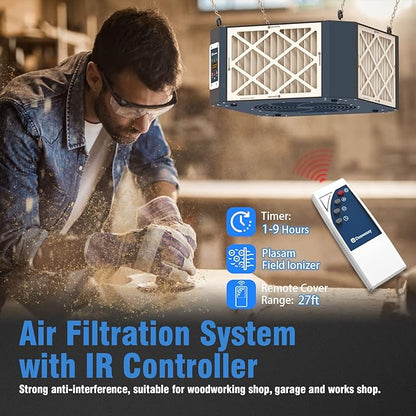 360° Woodshop Air Filtration System Woodworking - 1050/1350 CFM, Built-in Ionizer, with Strong Vortex Fan, Shop Air Filtration for Garage, Works Shop, Dust Collectors System, KMF12D, Blue