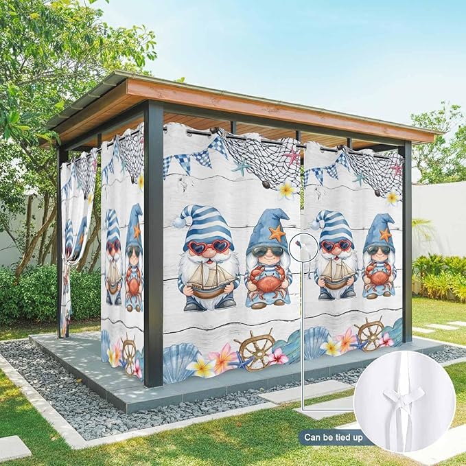 Ocean Gnome Outdoor Curtains for Patio Summer Marine Plumeria Shell Wooden Waterproof Outside Curtains with Grommet Top Weatherproof Curtain for Cabana Pergola Gazebo, 1 Panel, 54" W x 95" L