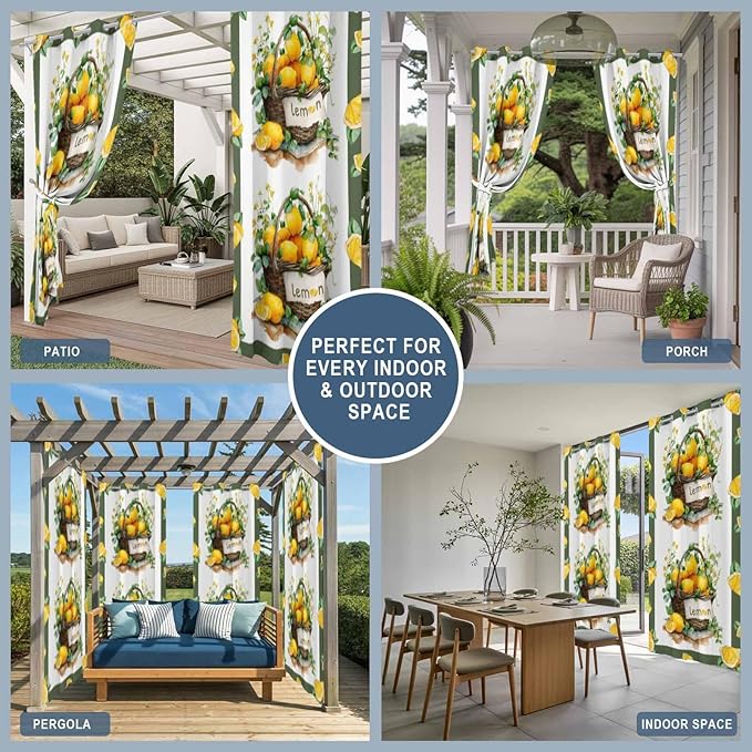 Lemon Outdoor Curtains for Patio Lemons Baskets Summer Tropical Plant Waterproof Outside Curtains with Grommet Top Weatherproof Curtain for Cabana Pergola Gazebo, 2 Pack, 54" W x 108" L