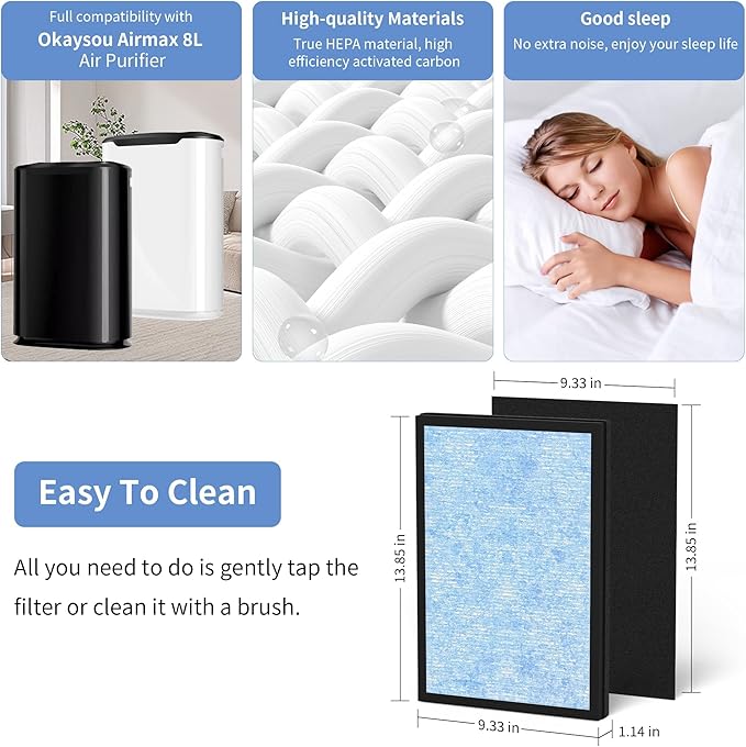 2 Pack AirMax 8L HEPA Replacement Filter Set Compatible with Okaysou Airmax 8L Air Purifier, 3-in-1 H13 True HEPA and Blue Ultra-Filter, Carbon Pre-filter