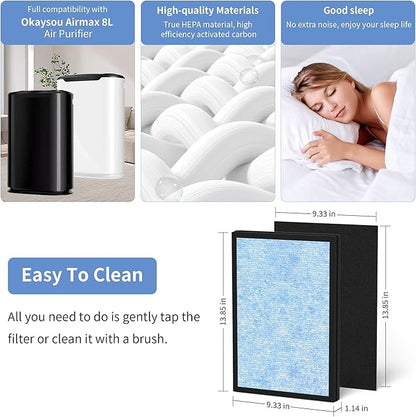 2 Pack AirMax 8L HEPA Replacement Filter Set Compatible with Okaysou Airmax 8L Air Purifier, 3-in-1 H13 True HEPA and Blue Ultra-Filter, Carbon Pre-filter