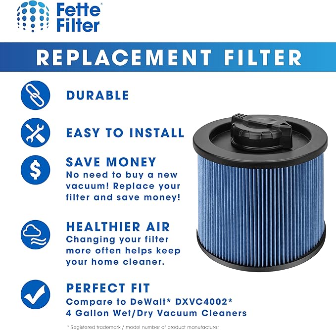 Fette Filter - DXVC4002 High Efficiency Cartridge Filter Replacement Compatible with Compatible with DeWalt DXV04T, DXV05P, DXV05S, DXV08S, DXV06G 4 Gallon Wet/Dry Vacuum Cleaners - Pack of 2