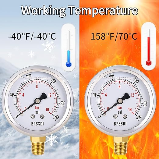 0-230 Psi Glycerin Liquid Filled Pressure Gauge, 2.5" Dial Size, 1/4" NPT Lower Mount, 304 Stainless Steel Case, for Pool Pump Sand Filter Air Compressor, Water Oil Air Pressure Test