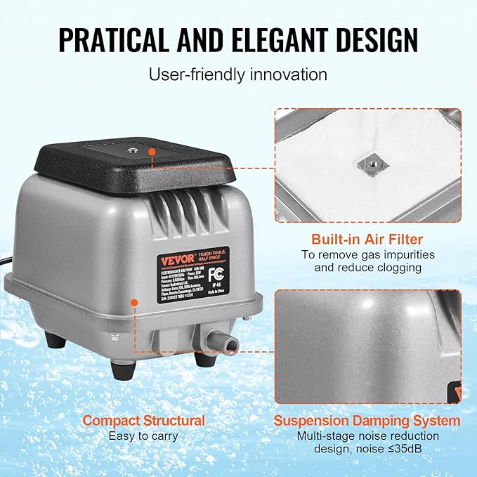 VEVOR Linear Air Pump, 90L/Min Air Flow Septic Aerator Pump, Aeration System for 1/4 Acre 10 FT Deep Ponds, Water Gardens, Waste Treatment, Septic Tanks, Aquariums, Seafood Restaurants, Fish Farms