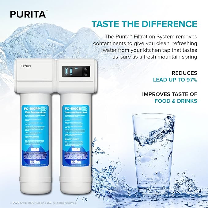 KRAUS Purita 2-Stage Carbon Block Under-Sink Water Filtration System with Digital Display Monitor, FS-1000, White