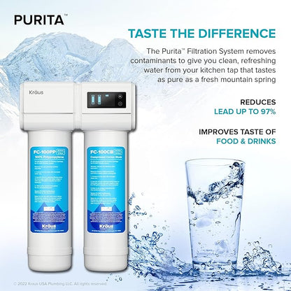 KRAUS Purita 2-Stage Carbon Block Under-Sink Water Filtration System with Digital Display Monitor, FS-1000, White