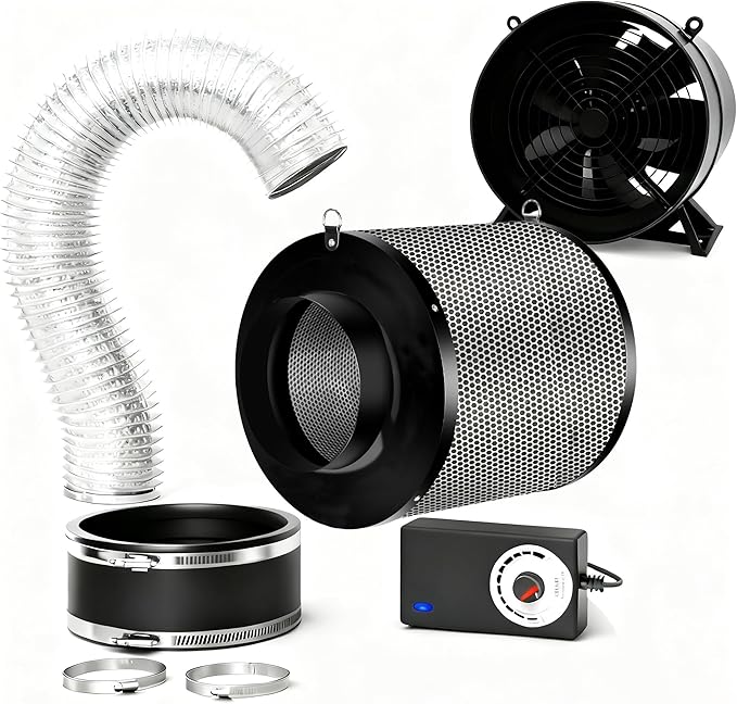 MELONFARM Air Filtration Kit, 6" 260 CFM Inline Duct Fan with Speed Controller, 8" High Carbon Filter, 8 Ft Ducting & Rubber Coupler, Air Cooling and Filtration Kit for Grow Tent, Hydroponics