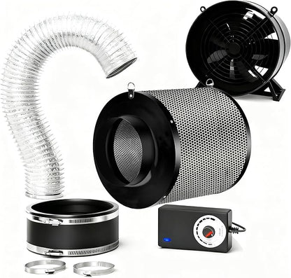 MELONFARM Air Filtration Kit, 6" 260 CFM Inline Duct Fan with Speed Controller, 8" High Carbon Filter, 8 Ft Ducting & Rubber Coupler, Air Cooling and Filtration Kit for Grow Tent, Hydroponics