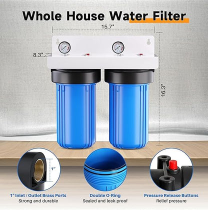 PUREPLUS 2-Stage Whole House Water Filtration System, Reduces Chlorine, Odor, Heavy Metals, Iron, Manganese, 10"x4.5" Housing, 1" Inlet/Outlet, PP Sediment & RFN Iron Filter, Pressure Gauges Included