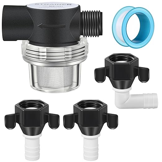 Dreyoo RV Water Pump Strainer Filter, 1/2 Twist On Pipe Strainer, 1/2 x 14 NPT x 1/2 Inch Barb Elbow and 2 Straight Swivel Adapter, RV Plumbing Fittings with PTFE Thread Seal Tape