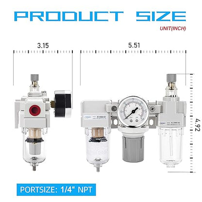 NANPU 1/4" NPT Air Filter, Regulator & Lubricator (FRL) Combo - Water/Oil Trap Separator - Pressure Gauge(0-150 psi), 5 Micron Brass Element, Semi-Auto Drain, Poly Bowl, Metal Bracket