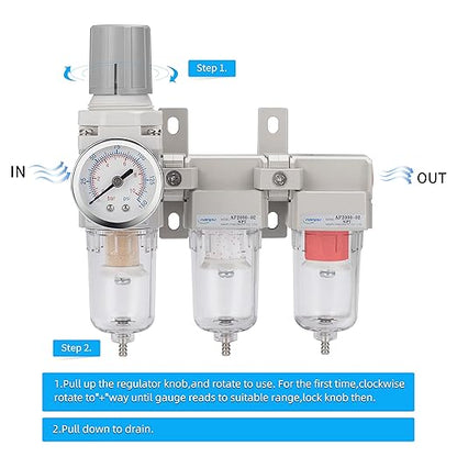 NANPU Three Stage Air Drying System - 5 Micron Particulate Filter, 0.5＆0.01 Micron Coalescing Filters, Air Pressure Regulator Combo - 0-150 psi Gauge, Semi-Auto Drain, Metal Bracket (1/4" NPT）