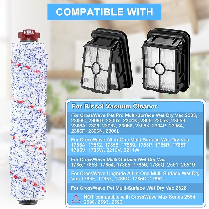 Replacement Parts for Bissell Crosswave Pet Pro 1785A 2306A 1785 Vacuum Cleaner, 2 Pack 1868 Brush Roll for Bissell crosswave and 2 Pack 1866 replacement filters Part 1608683, 1608684 LUXRILIX