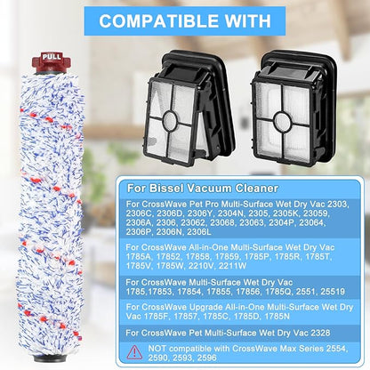 Replacement Parts for Bissell Crosswave Pet Pro 1785A 2306A 1785 Vacuum Cleaner, 2 Pack 1868 Brush Roll for Bissell crosswave and 2 Pack 1866 replacement filters Part 1608683, 1608684 LUXRILIX