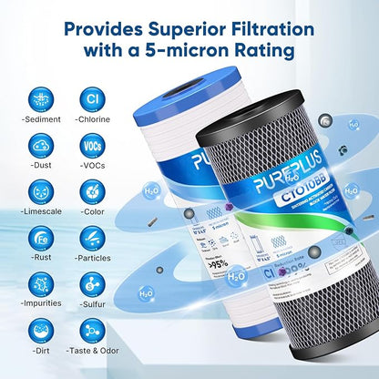 PUREPLUS 5 Micron 4.5"x10" Whole House Water Filter Combo Kit with Grooved Sediment and Activated Carbon Block Filter, Replacement for AP810, AP811, WFHDC8001, CB-BB-10, FXHTC, GXWH40L, 1PACK
