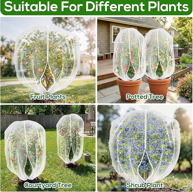 2PCS 4 x 5 ft Fruit Tree Netting Cover with Zipper and Drawstring,Garden Insect Netting Plant Cover Transparent Bird Plant Barrier Flower Fruit Mesh Screen for Preventing Deer Squirrel Bug