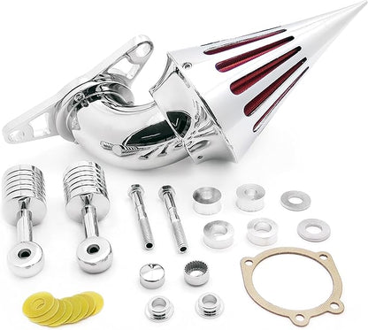 Cone Spike Air Cleaner Intake with Red Filter for Dyna Wide Glide 1999-2007 Road King 1999-2007 Fat Boy 2000-2007 Chrome