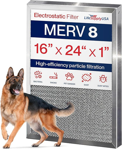 16x24x1 Electrostatic Air Filter, MERV 8, Washable, Reusable Furnace AC/HVAC Filter, Energy Saving, Easy to Clean, Long-Lasting by LifeSupplyUSA