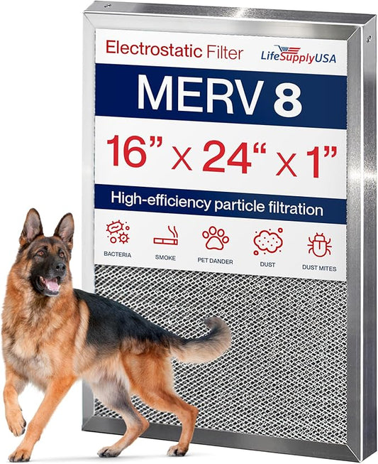 16x24x1 Electrostatic Air Filter, MERV 8, Washable, Reusable Furnace AC/HVAC Filter, Energy Saving, Easy to Clean, Long-Lasting by LifeSupplyUSA
