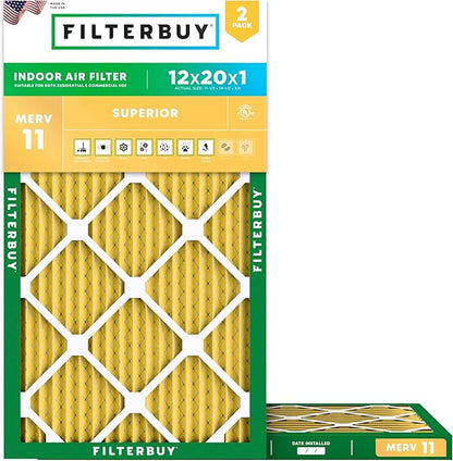 Filterbuy 12x20x1 Air Filter MERV 11 Superior Pet & Allergy Defense (2-Pack), Electrostatic Pleated HVAC AC Furnace Filters Replacement, Made in USA (Actual Size: 11.50 x 19.50 x 0.75)