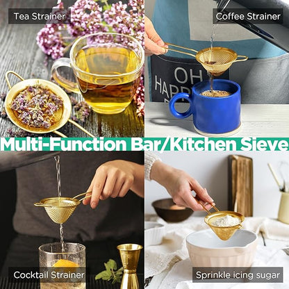 Homestia Fine Mesh Strainer for Kitchen, 304 Stainless Steel Cocktail Sieve Sifters for Food, Liquid Strainer for Drinks, Tea, Coffee, Juice, Flour, Spice, Fruits, Vegetables (Gold, 2 Pieces)
