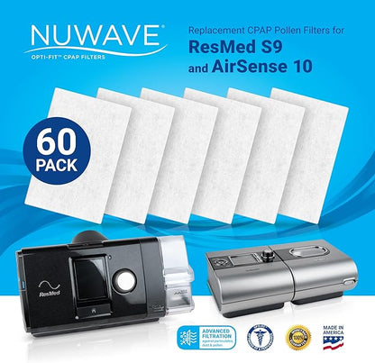 NUWAVE Replacement Filter for ResMed Part Number S9/S10 Standard Pollen Filter 36850, High-Efficiency CPAP Filters ResMed, Opti-fit ResMed Filters, Pollen Filters CPAP ResMed S9-60 Per Pack