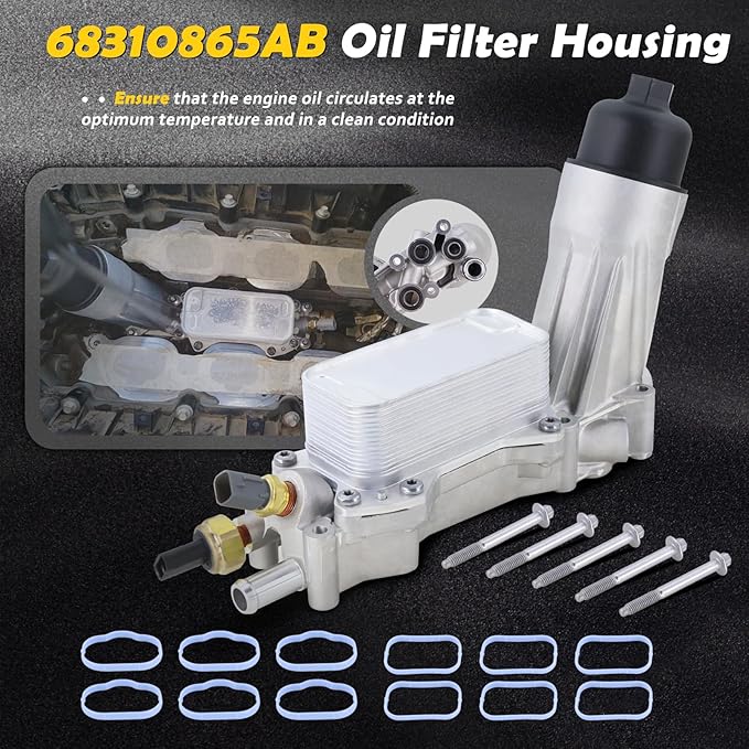 68310865AB Aluminum Engine Oil Cooler Oil Filter Housing Adapter Compatible with 2017 2018 Dodge Journey Charger Challenger Caravan Jeep Wrangler Cherokee Chrysler 200 300 Ram ProMaster
