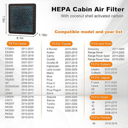 CF10285 CP285 Cabin Air Filter with Activated Carbon, Compatible with Toyota Camry, RAV4, Highlander, Corolla, 4Runner, Sienna, Tundra, Prius, Lexus, Subaru Outback, Scion, Land Rover, Jaguar, Pontiac
