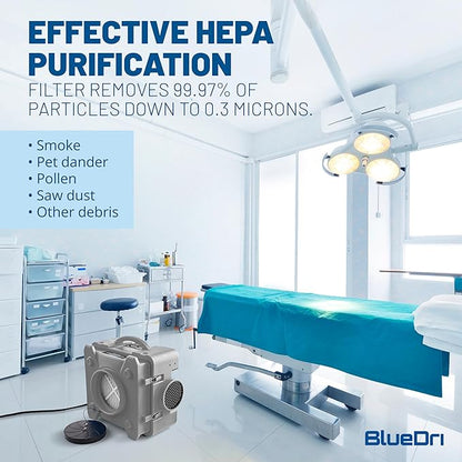 BlueDri Air Shield 550 HEPA Air Scrubber, Water Damage Restoration Equipment Air Purifier, Covers 1400 Sq. Ft, Daisy Chain Capable, For Commercial Use, Gray, BD-AS-550