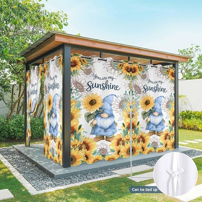 Summer Outdoor Curtains for Patio Sunflowers Gnome Eucalyptus Leaves Waterproof Outside Curtains with Grommet Top Weatherproof Curtain for Cabana Pergola Gazebo, 2 Pack, 54" W x 84" L