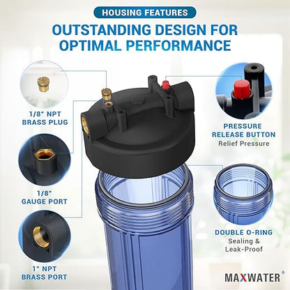 Max Water Whole House 20" x4.5" Purple Clear WH Water Filter Housing 1 inch Inlet/Outlet Ports with Wrench and Bracket (2 Housing)