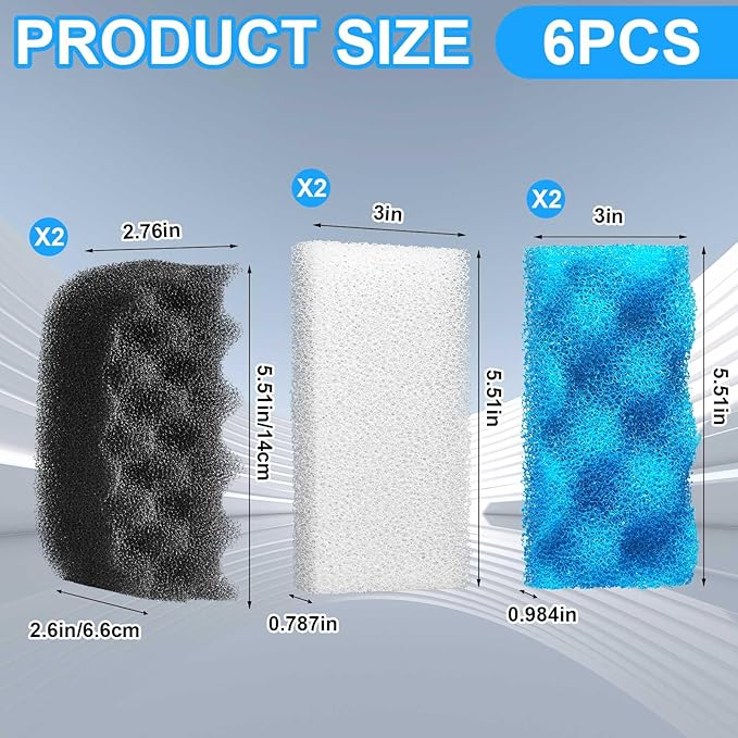 6 Pcs Aquarium Filters Bio Sponge Sets Compatible with fluval 106/107, Including 2 Blue 2 White 2 Black Bio Sponge for Replacement Filter Media Kit