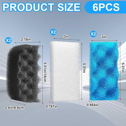 6 Pcs Aquarium Filters Bio Sponge Sets Compatible with fluval 106/107, Including 2 Blue 2 White 2 Black Bio Sponge for Replacement Filter Media Kit