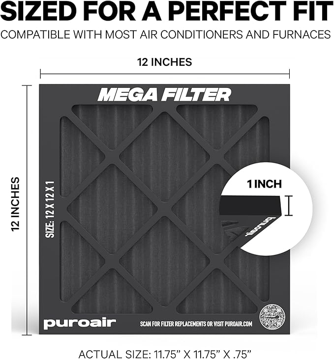 PuroAir MegaFilter - 12x12x1 Air Filter MERV 13 Activated CarbonTech Defense - Heavy Duty 3 Layer Furnace Filters Allergens, Pollen, Dust, Pet Dander, Smoke, Odors - HVAC Air Filter 12x12x1 (2-Pack)