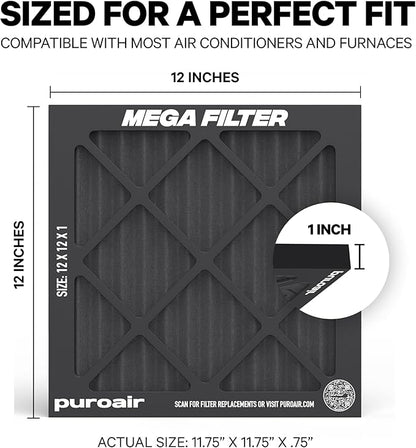 PuroAir MegaFilter - 12x12x1 Air Filter MERV 13 Activated CarbonTech Defense - Heavy Duty 3 Layer Furnace Filters Allergens, Pollen, Dust, Pet Dander, Smoke, Odors - HVAC Air Filter 12x12x1 (2-Pack)