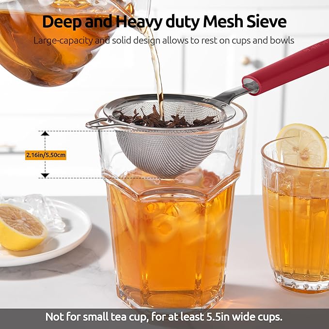 U-Taste Small Fine Mesh Strainer: 18/8 Stainless Steel 3.35in 30 Mesh Kitchen Food Sieve with Sturdy Riveted Silicone Handle, Heavy Duty Deep Handheld Metal Colander for Tea, Juice (Red)