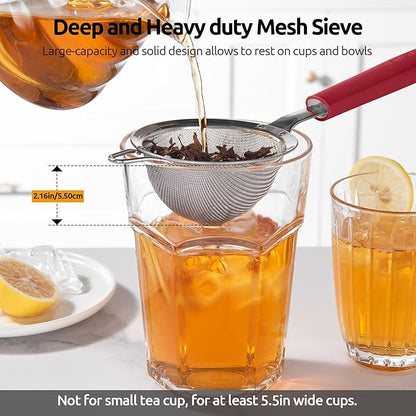 U-Taste Small Fine Mesh Strainer: 18/8 Stainless Steel 3.35in 30 Mesh Kitchen Food Sieve with Sturdy Riveted Silicone Handle, Heavy Duty Deep Handheld Metal Colander for Tea, Juice (Red)