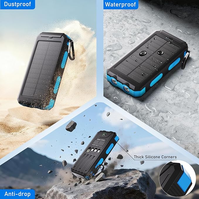 Solar Charger Power Bank 20,000mAh, Portable Charger, 4 Cables 3 Ports Fast Charging External Battery Pack with USB C for Cell Phones, Solar Panel Charger with Dual Flashlight for Camping