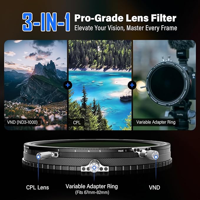 H&Y RevoRing MKⅡ 67mm 72mm 77mm 82mm Variable ND Filter & CPL Polarizer, 3-in-1 VND (ND3-1000) Camera Lens Filter with Adjustable Adapter Ring, 22 Multi-Layer Nanocoating