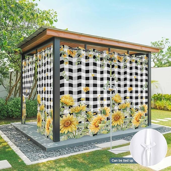 Sunflowers Outdoor Curtains for Patio Summer Floral Eucalyptus Leaf Buffalo Check Waterproof Outside Curtains with Grommet Top Weatherproof Curtain for Cabana Pergola Gazebo, 2 Pack, 54" W x 95" L