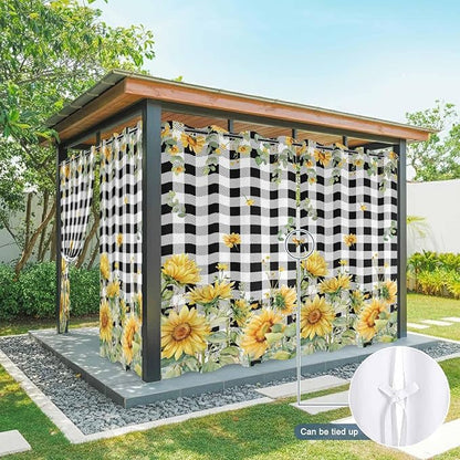Sunflowers Outdoor Curtains for Patio Summer Floral Eucalyptus Leaf Buffalo Check Waterproof Outside Curtains with Grommet Top Weatherproof Curtain for Cabana Pergola Gazebo, 2 Pack, 54" W x 95" L