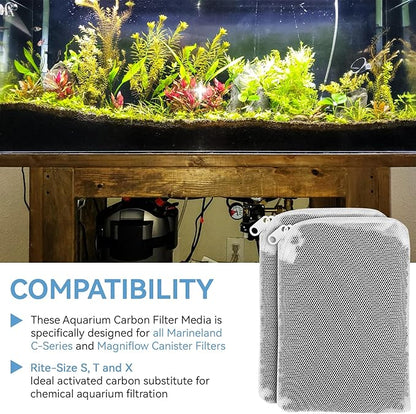 6 Pack Aquarium Activated Carbon Bags, Chemical Aquarium Filter Media, Activated Charcoal Fit for Marineland All C-Series and Magniflow Canister Filters, Rite-Size S, T and X, Fish Tank Carbon Filte