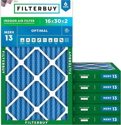 Filterbuy 16x30x2 Air Filter MERV 13 Optimal Smoke & Allergy Defense (6-Pack), Electrostatic Pleated HVAC AC Furnace Filters Replacement, Made in USA (Actual Size: 15.69 x 29.69 x 1.75)