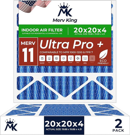 MervKing 20x20x4 Air Filter Actual Size: 19.88" x 19.88" x 4.31" MERV 11 MPR 1000-1200 | MADE IN USA | 2-Pack | Pleated HVAC AC Furnace Replacement